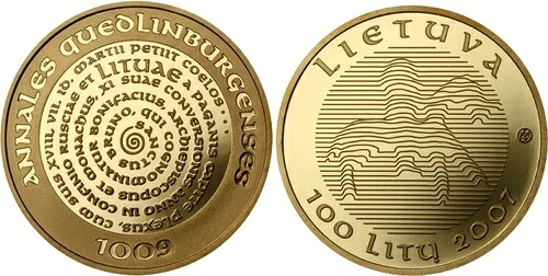 リトアニア 100リトアニア 2007年「リトアニアの名声千年紀」AU金貨プルーフ