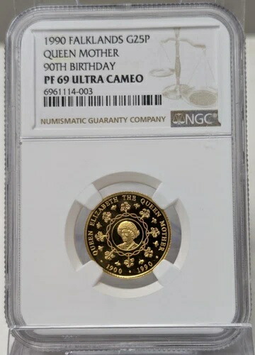 1990年 ファークランド 25ペンス金貨 0.2508オンス AGW エリザベス女王90歳の誕生日 - NGC PF 69 UC