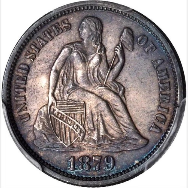 1879年 PCGS PR65 発行枚数 14K + 1100 プルーフ -- 1875年から現在までの最低価格 10セント ??? 座った状態のダイム