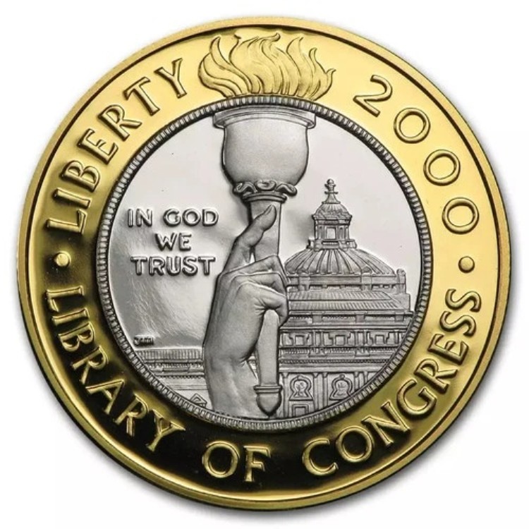 2000-W プルーフ 10 ドル 米国造幣局 バイメタル コモン 議会図書館コイン (箱 + CoA)