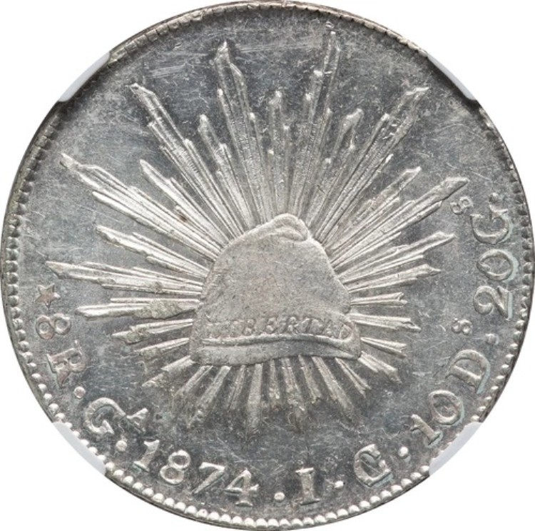 メキシコ 銀貨 8レアル 1874年 Ga-IC NGC MS62。グアダラハラ造幣局。プルーフ級の希少品！