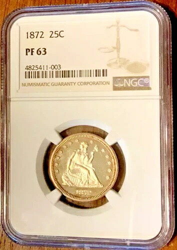 1872年 着席自由の女神像 クォーター金貨 - 25セント 25c PF63 PR63 NGC *トーン加工 (RML#003)