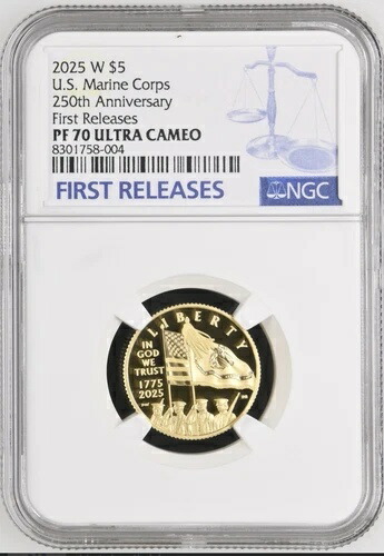 2025-W プルーフ 5ドル アメリカ海兵隊金貨 250周年記念 NGC PF70 初公開