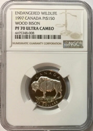 1997年カナダ 1/2オンス プラチナ 150ドル 絶滅危惧野生生物 ウッドバイソン NGC プルーフ-70 UC