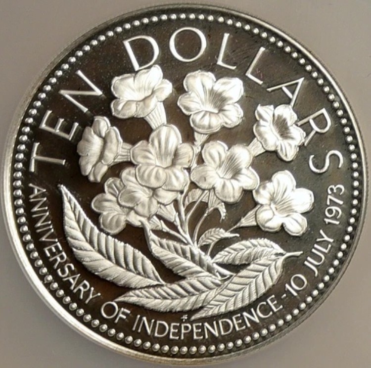 1976年 バハマ独立記念花 ヴィンテージ プルーフ シルバー 10ドルコイン NGC i103897
