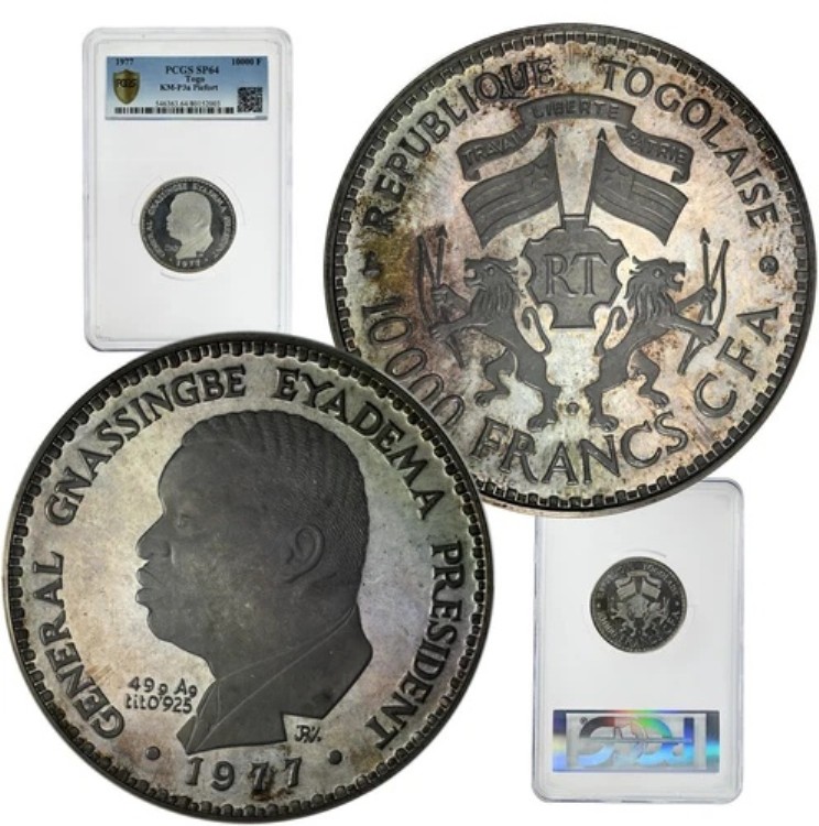 トーゴ シルバー ピエフォート 10Kフラン 1977年 PCGS SP64 ジェネラル・ニャシンベ・エヤデマ Mtg.10｜WORLD RESOURCE【KING店】