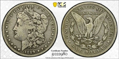 1889年-CC モルガン・ダラー、PCGS Fine-12、ソリッド・キー・デイト・コイン