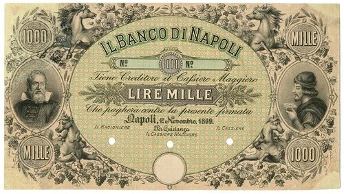1000 リラ プルーフ SU CARTONCINO UNIFACE BANCO DI NAPOLI FEDE クレジット 01/11/1869 MB 458,920円