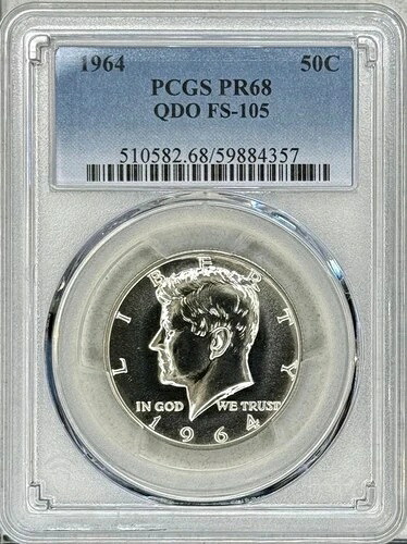 1964 年 プルーフ FS-105 4 倍ダイ 表面 ケネディ ハーフ PCGS PR68、光沢あり!