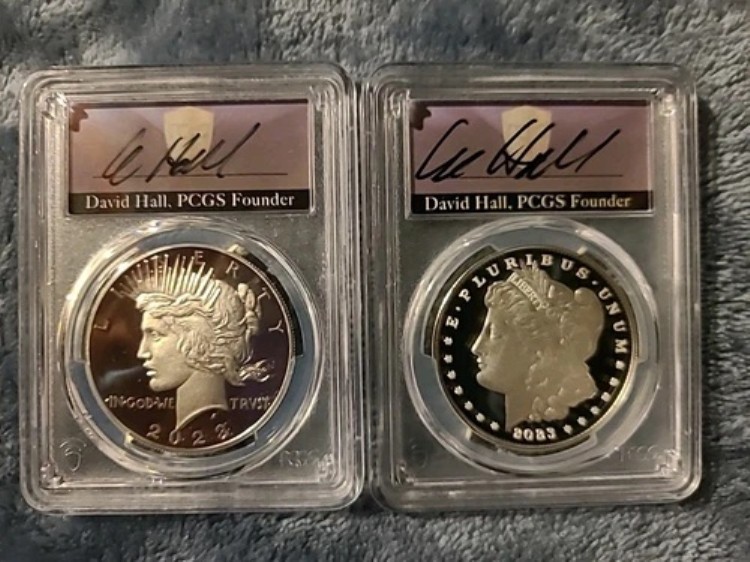2023年 Sプルーフ シルバー ピース＆モルガン ダラー セット PCGS PR70 FDI デビッド・ホール サイン入り 156,750円