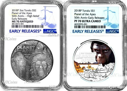 2枚セット 2018年 猿の惑星 シルバー $2 & $1 1オンス 2オンス NGC MS PF 70 アンティーク画像