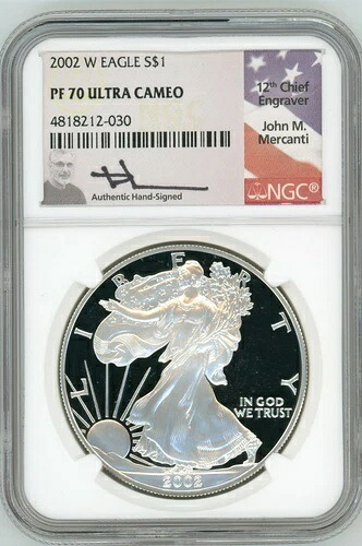 2002 W $1 1オンス プルーフ シルバー イーグル PR70 NGC ジョン・マーカンティ