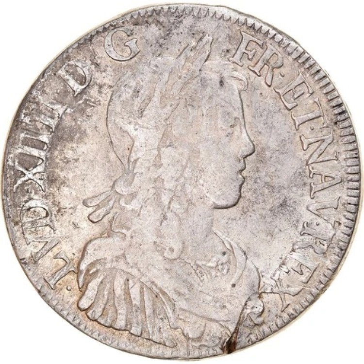 [#877162] コイン、フランス、ルイ 14 世、エキュ・ア・ラ・メッシュ・ロング、1653 年、ボルドー、バーモント州