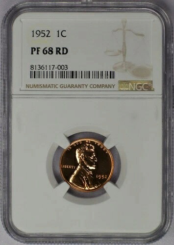 1952年 1セント プルーフ リンカーン ウィート セント - NGC PF 68 RD