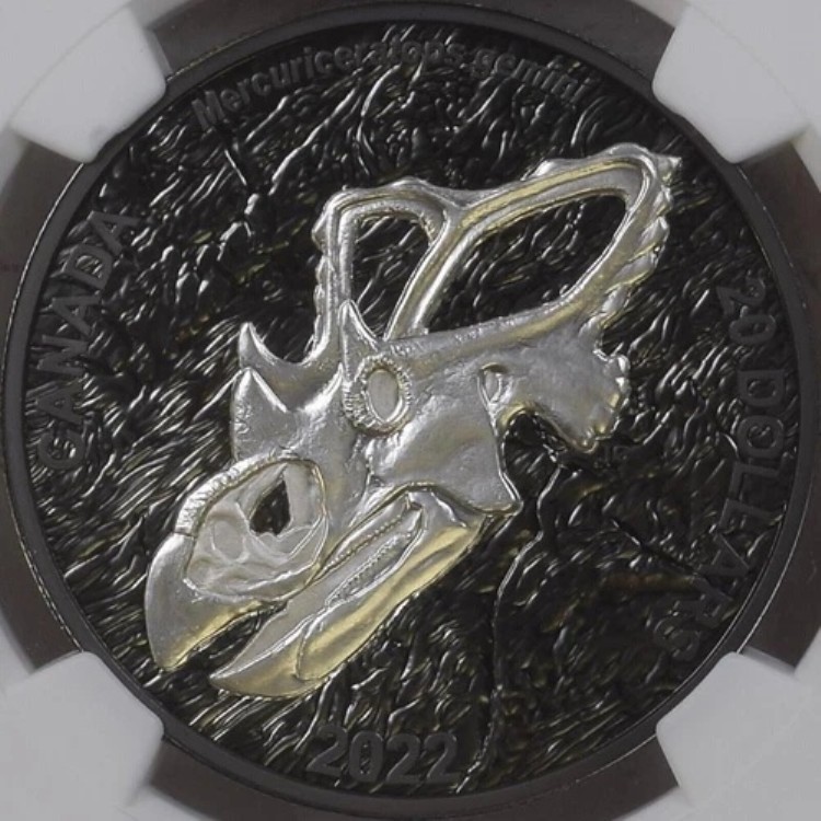 カナダ、2022年、20ドル、銀貨 - NGC PF70 - トップポップ ?? メルクリケラトプスの化石｜WORLD RESOURCE【KING店】