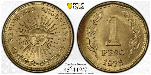 1975年ペソ KM-Pn64 スペシャルストライクパターン PCGS SP63 アルゼンチン ダブルローレルスプリッグ 153,450円