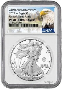 2025 W シルバーイーグル $1 アメリカ陸軍私設硬貨 NGC PF70 UCameo 250周年記念 ((先行販売)