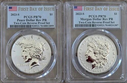 2023-S 1ドル モルガン&ピース銀貨セット PCGS PR70 裏面 FDOI 旗ラベル