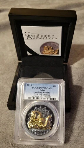 2018年パラオ 2オンス/10ドル シルバー ブラックプルーフ ラフィングブッダ。PCGS PR70DCAM FDoI