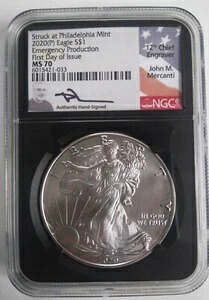 2020年 P シルバーイーグル 緊急生産 発行初日 MS70 NGC ジョン・マーカンティ 217,250円
