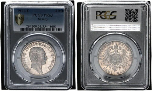ザクセン 3 マルク 1911 E フリードリヒ・アウグスト プルーフ Pf、PCGS PR63 116157