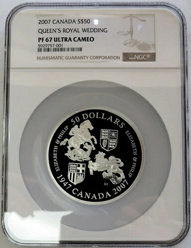 2007年 カナダ シルバー 50ドル 女王陛下のロイヤルウェディング記念プルーフ 5オンス NGC PF 67 UC
