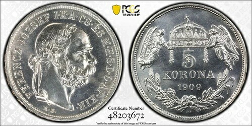 ハンガリー 1909年 5コロナ プルーフ 再鋳造 PCGS PF 66 希少