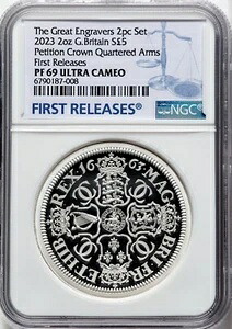 2023年 グレートブリテン 嘆願書 クラウンクォータード アームズ 5ポンド シルバー 2オンス NGC PF69 UCAM FR