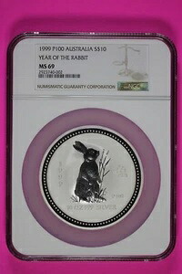 1999年 MS 69 10オンス 銀貨 オーストラリア 卯年 .999 良質 NGC スラブ 7021