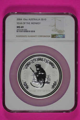 2004年 MS 69 10オンス シルバー オーストラリア 申年 .999 良質 NGC スラブ 7014