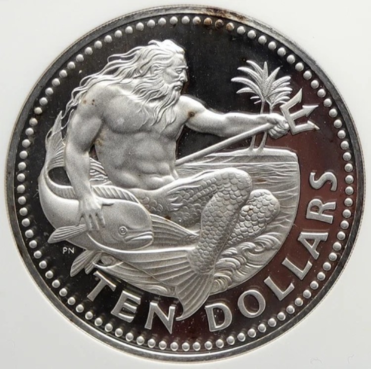 1974年 バルバドス 巨大ヴィンテージ ネプチューン オールドプルーフ シルバー 10ドルコイン NGC i105643|WORLD RESOURCE【KING店】