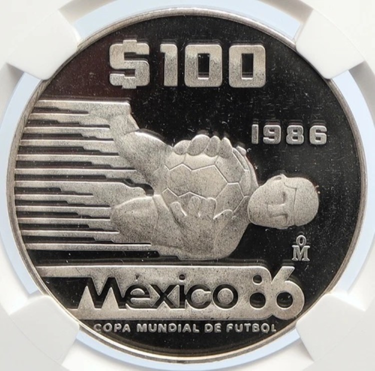 1985年メキシコFIFAワールドカップ1986サッカーPRFシルバー100ペンスコインNGC i105667|WORLD RESOURCE【KING店】