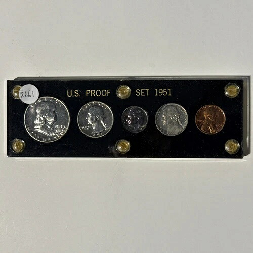 1951年米国造幣局プルーフセット（黒色プラスチックホルダー入り）5枚入り（うち3枚は銀90%）