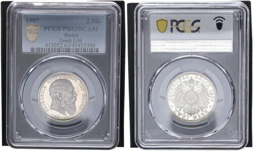 バーデン2 マルク 1907年 フリードリヒ大公崩御記念 - PCGS 63DCAM PP 113114