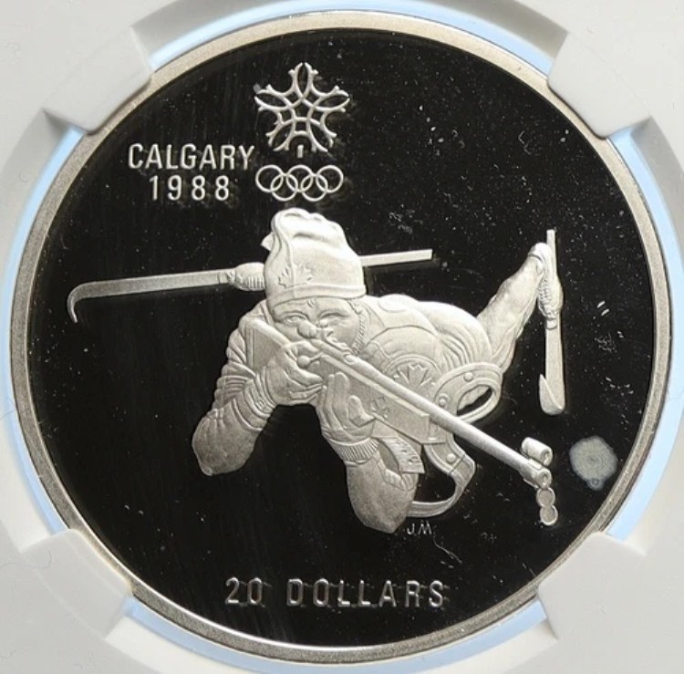 1986年カナダ 旧1988年カルガリーオリンピックバイアスロン プルーフ銀貨 20ドル NGC i106643|WORLD RESOURCE【KING店】