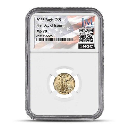 2025年 1/10オンス アメリカンゴールドイーグルコイン NGC MS70 FDOI - JM Bullion Flag Label