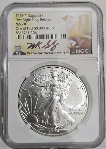 2025(P) シルバーイーグル プライベート NGC MS70 初回5万枚発行 マーク・ザルツバーグ直筆サイン入り｜WORLD RESOURCE【KING店】