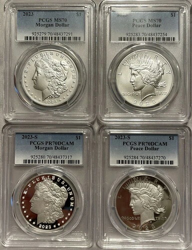 2023-S 1ドル モルガン＆ピース シルバーダラー 4枚セット PCGS MS70/PR70DCAM ブルーラベル 211,200円