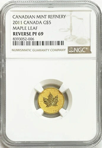 2011年 カナダ 5ドル金貨 メープルリーフ 1/10オンス リバースプルーフコイン NGC RPF 69 213,400円
