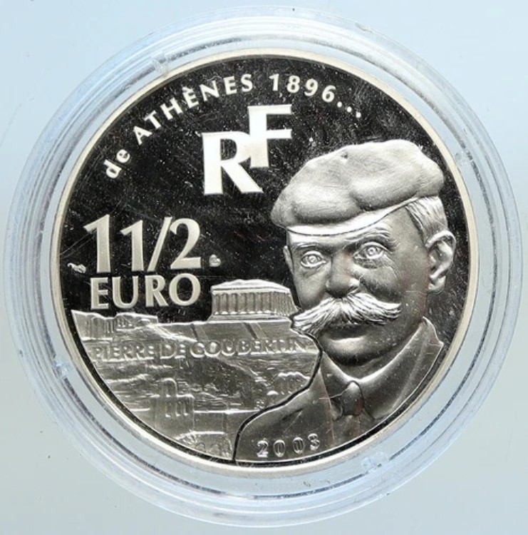 2003年 フランス ピエール・クーベルタン アテネオリンピック プルーフ銀貨 1 1/2ユーロ i113315|WORLD RESOURCE【KING店】