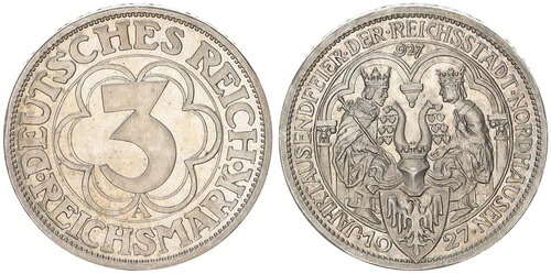 ワイマール共和国 3 マーク 1927 A ノルトハウゼン プルーフ 106993