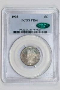 1908 年 プルーフ リバティ V ニッケル PCGS PR64 CAC - 非常に高品質!