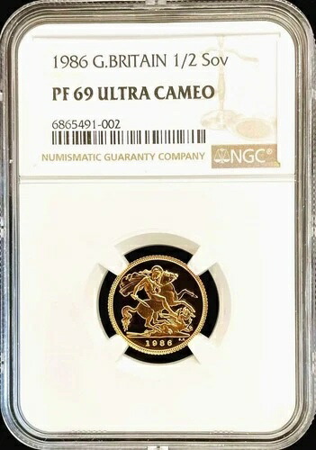 1986年 金貨 イギリス 3.99グラム プルーフ 1/2ソブリン NGC プルーフ 69 UC