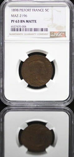 フランス 5 サンタイム 1898 NGC PF63BN MATTE Piefort 「レア マット プルーフ」
