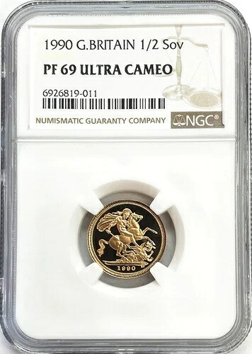 1990年 英国 プルーフ 1/2 ソブリン金貨 NGC プルーフ 69 ウルトラカメオ