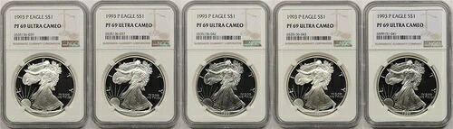 ロット 5 1993-P シルバー イーグル ドル $1 NGC PF 69 ウルトラ カメオ 1 オンス ファイン シルバー