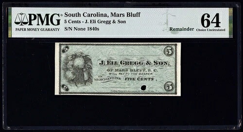 1840年代 サウスカロライナ州 マーズブラフ 廃貨 グレッグ＆サン 5セント PMG CU 64｜WORLD RESOURCE【KING店】 151,250円