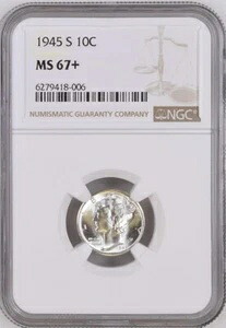 1945年Sマーキュリーダイム：非常に鮮明なNGC MS67+～送料無料
