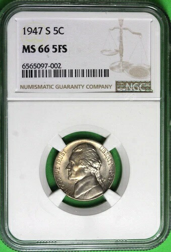 1947年 S ジェファーソンニッケル：鮮明なNGC MS66フルステップ ~ 送料無料
