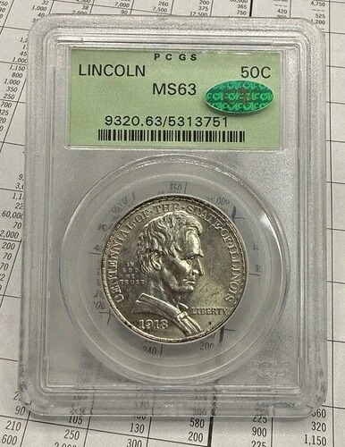 1918年リンカーン記念ハーフドル、PCGS OGH MS63、CAC付き、美しい50セント